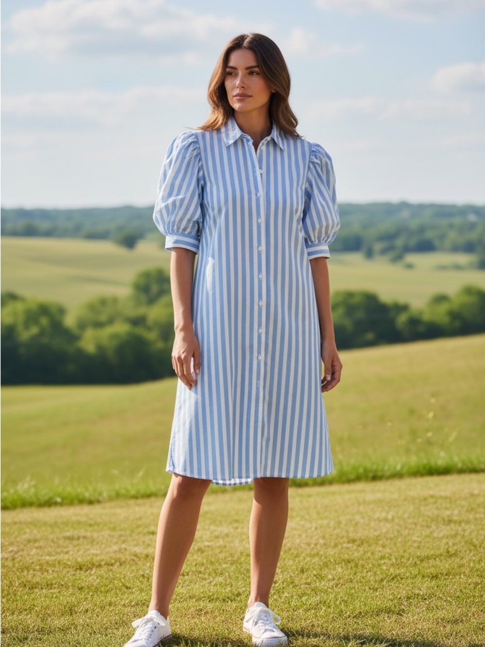 Harshmans LA Blue & White Stripe Puff Sleeve Shirt Dress Size S